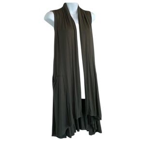 AGNES & DORA Cascade vest, knee length, dark green, waterfall front S EUC